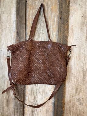 Vintage Woven Leather Bag Made in India Brown Boho Tote Crossbody Handbag
